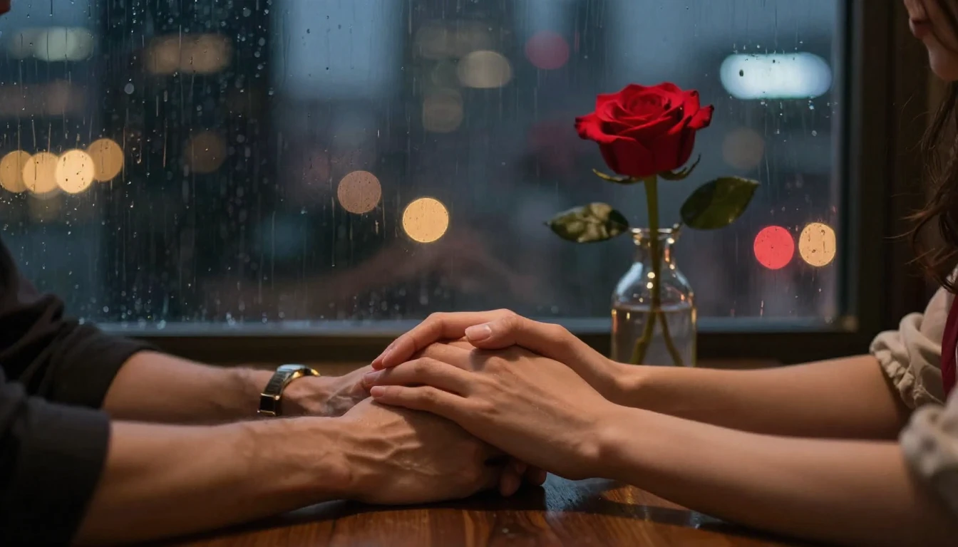 A romantic and intimate scene featuring two hands gently int...