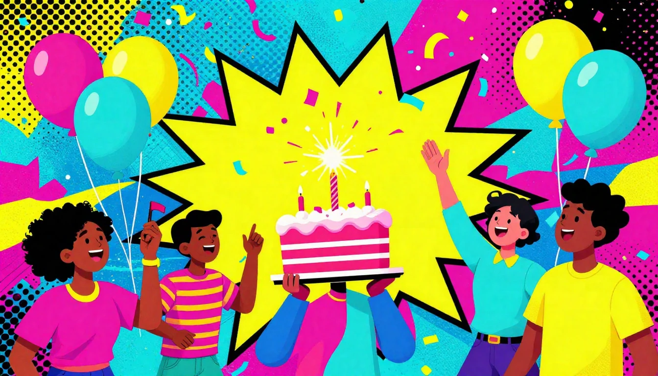 A vibrant and energetic scene showing a colorful birthday pa...