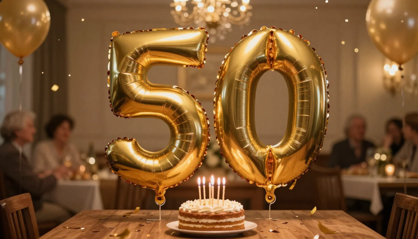 A festive and elegant 50th birthday celebration scene, focus...