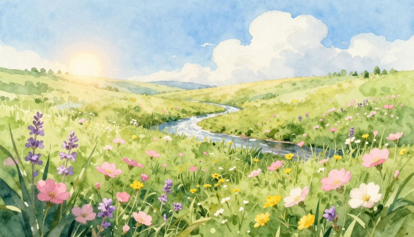 A serene landscape featuring a lush green meadow filled with...