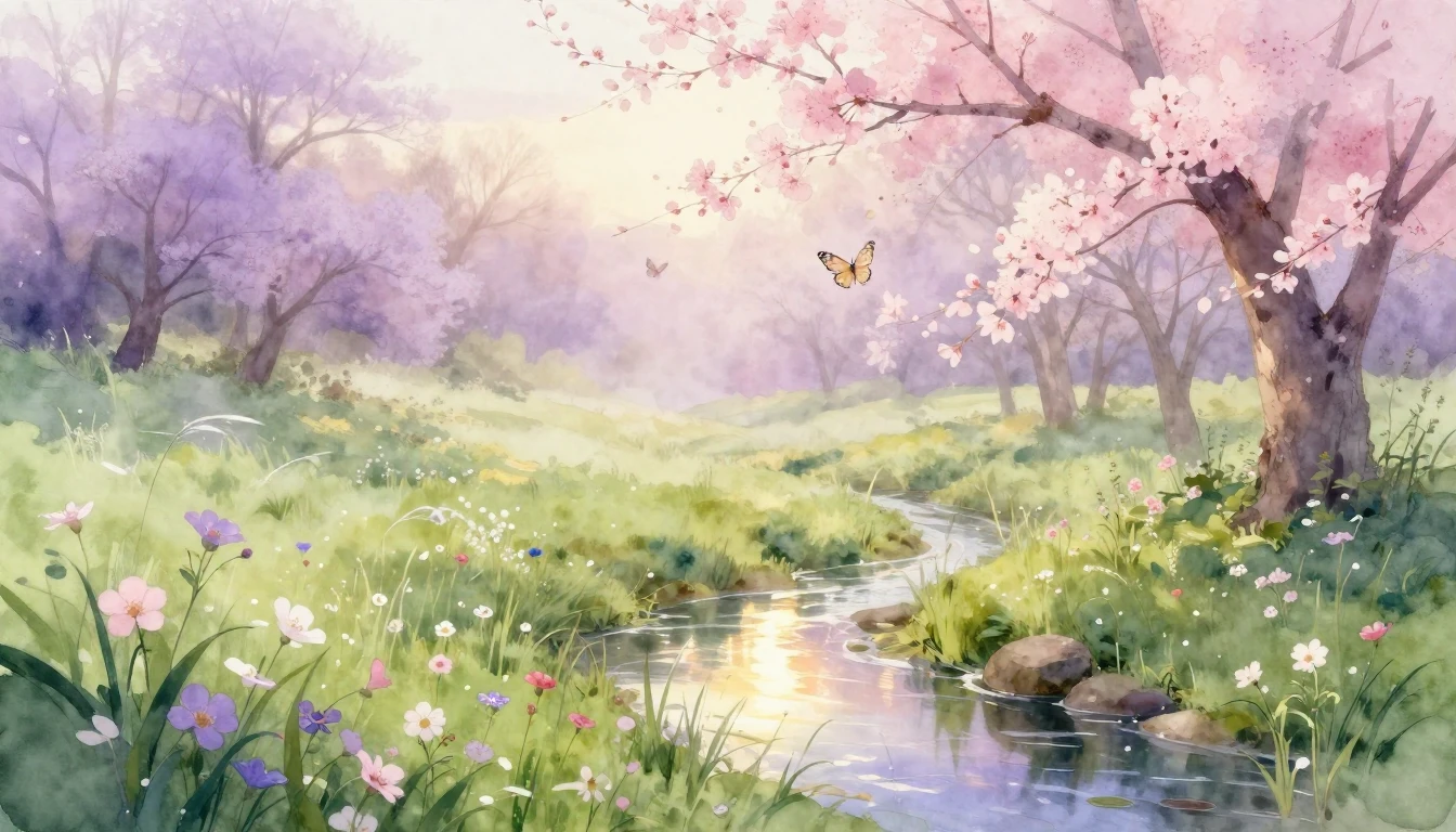 A beautiful watercolor painting of a lush spring meadow at s...