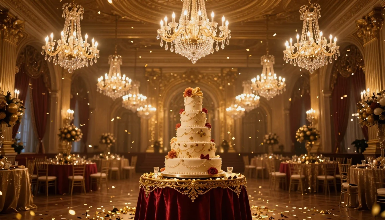 A grand ballroom filled with golden light and shimmering dec...