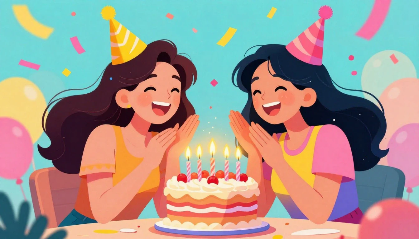 A vibrant illustration of two best friends laughing and cele...