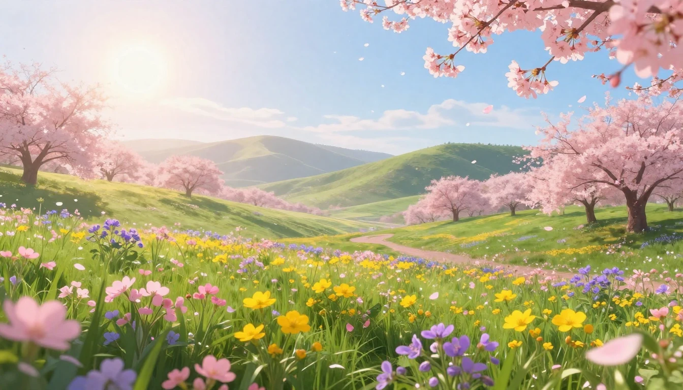 A breathtaking landscape in spring, featuring a lush green v...