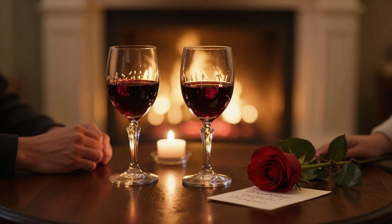 A close-up, intimate scene of a romantic evening setup. Two ...