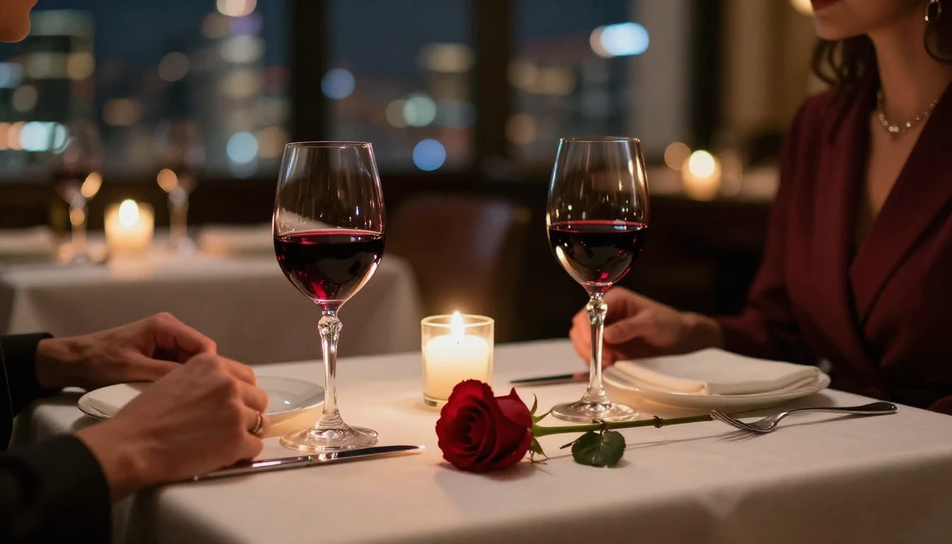 A close-up shot of a beautifully set dinner table for two in...