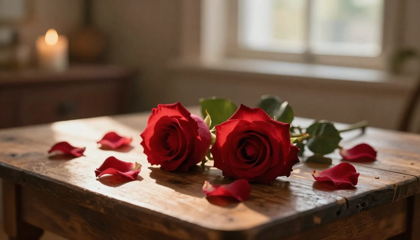 A dreamy and ethereal scene featuring two delicate red roses...