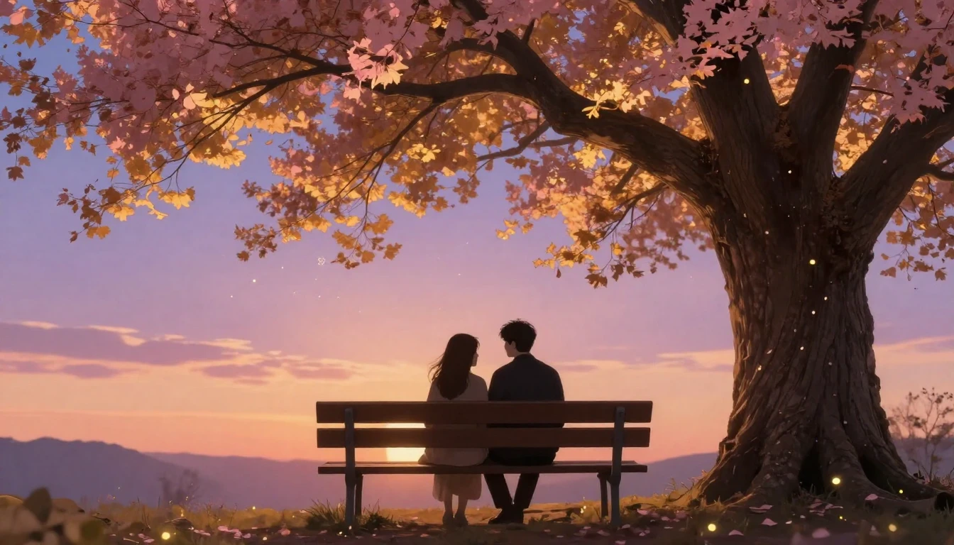 A romantic and soft composition depicting two silhouettes si...