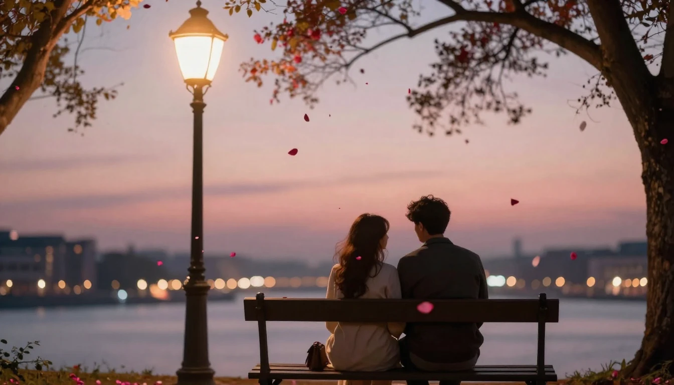 A romantic and dreamy scene depicting a couple sitting on a ...