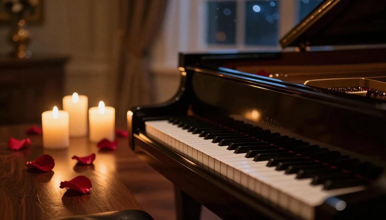 A close-up shot of a grand piano in a dimly lit room, illumi...