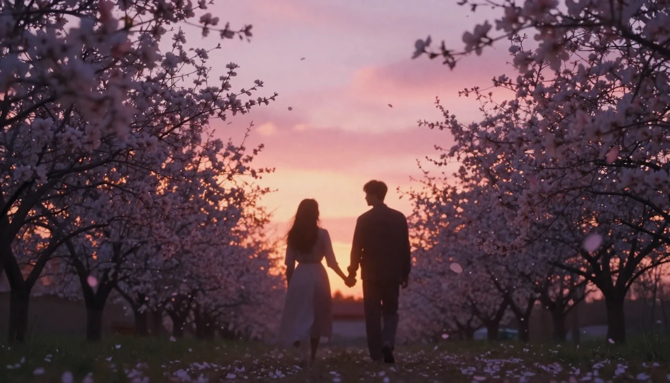 A beautiful and romantic scene featuring two silhouettes wal...