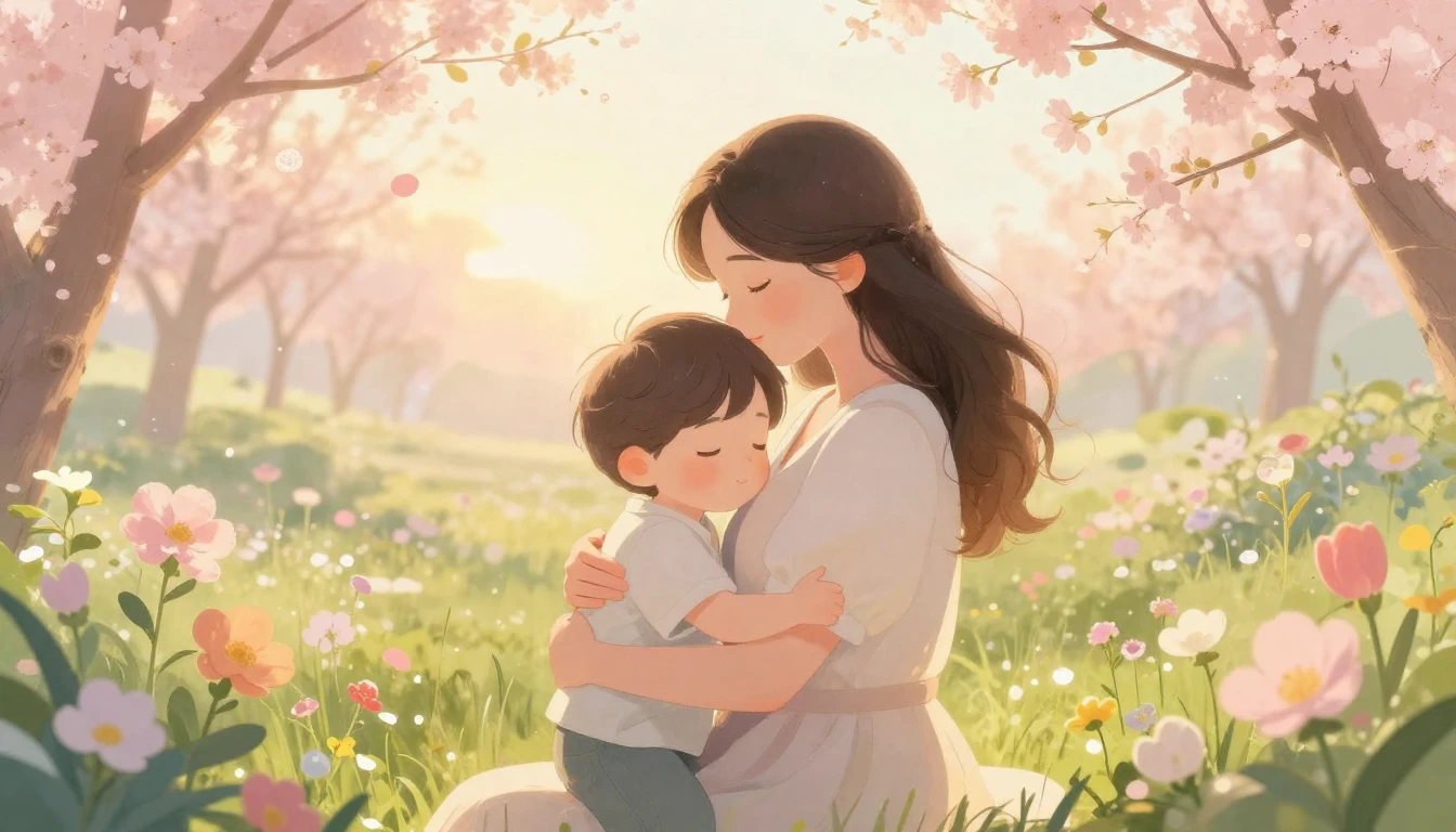 A heartwarming and artistic illustration of a mother and chi...