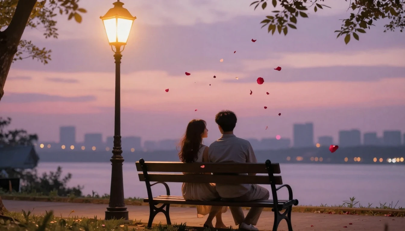 A romantic scene featuring a couple sitting on a vintage par...