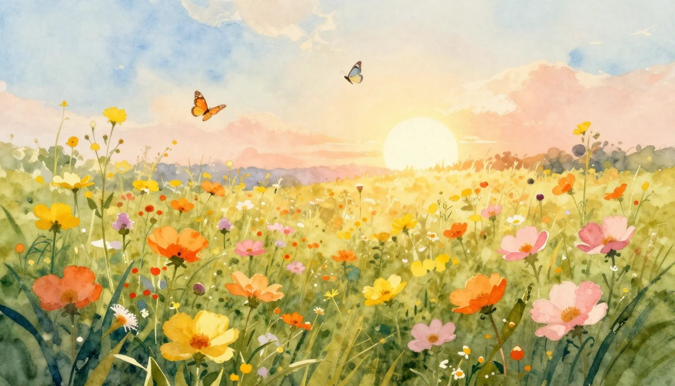 A vibrant watercolor painting of a lush meadow filled with b...