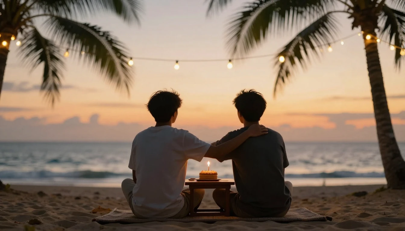 A warm and inviting scene depicting two distinct male silhou...