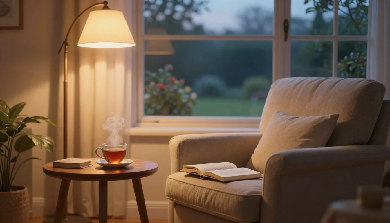 A cozy living room scene during a soft twilight. A comfortab...