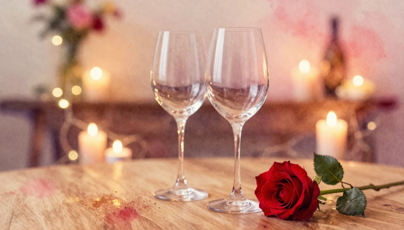 A soft watercolor painting of two elegant wine glasses stand...