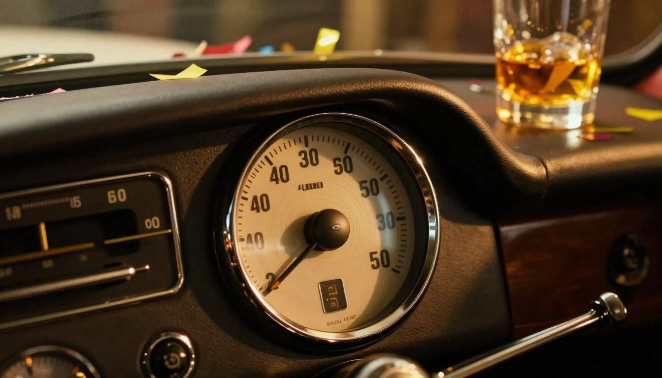 A close-up cinematic shot of a vintage car speedometer showi...