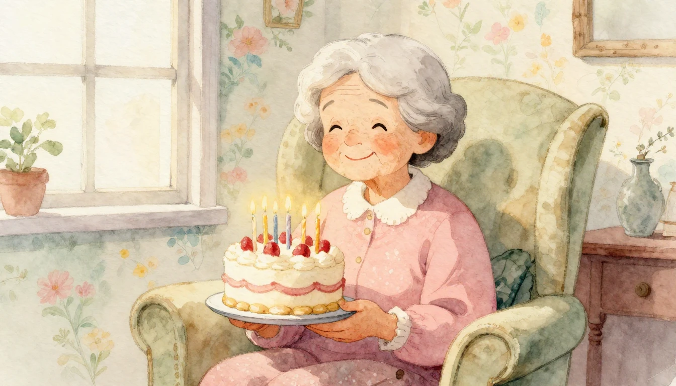 A heartwarming watercolor illustration of a sweet 80-year-ol...