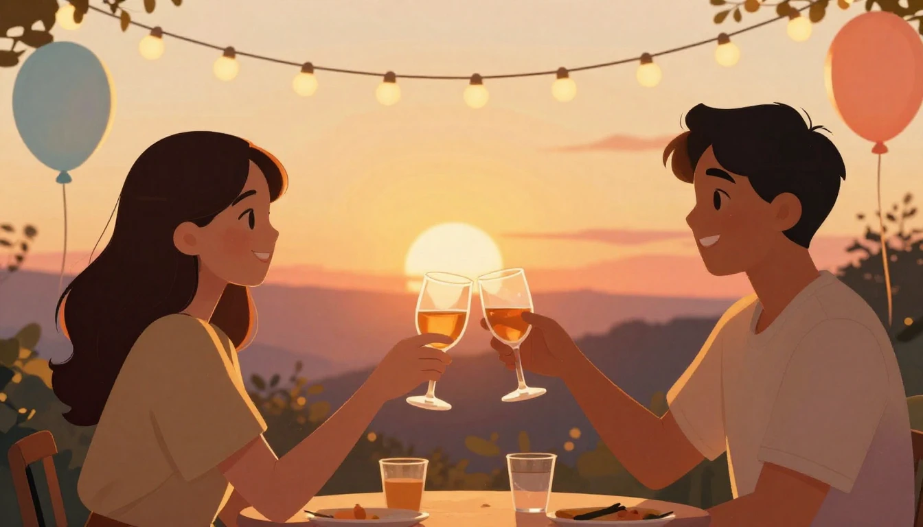 A warm and festive illustration of two friends clinking glas...