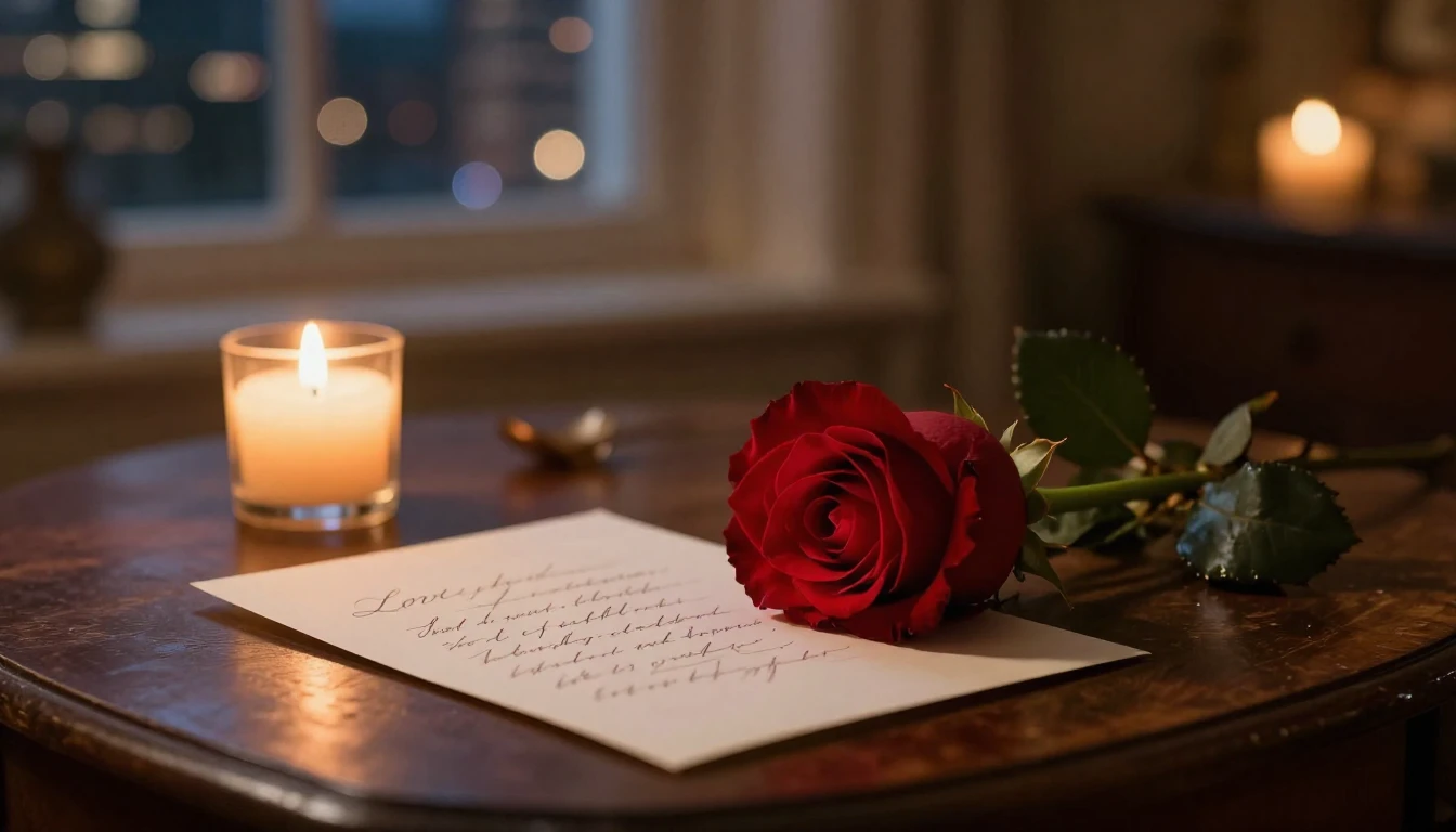 A cinematic close-up shot of a romantic evening setting insi...