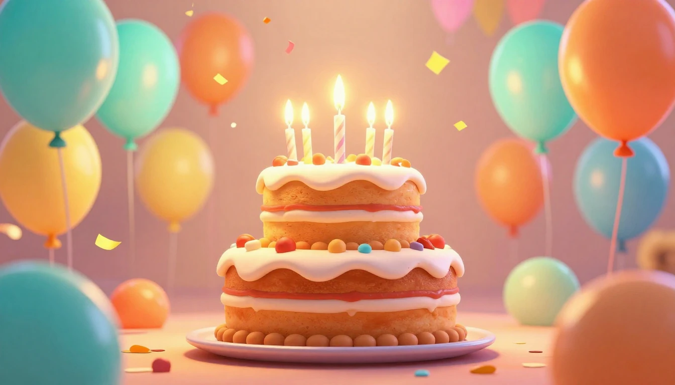 A vibrant and cheerful birthday celebration scene in a 3D an...