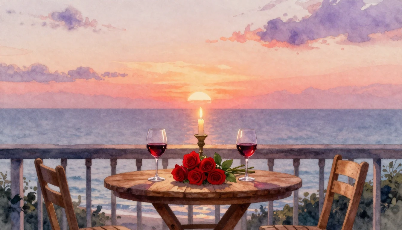 A romantic and intimate scene painted in soft watercolor sty...