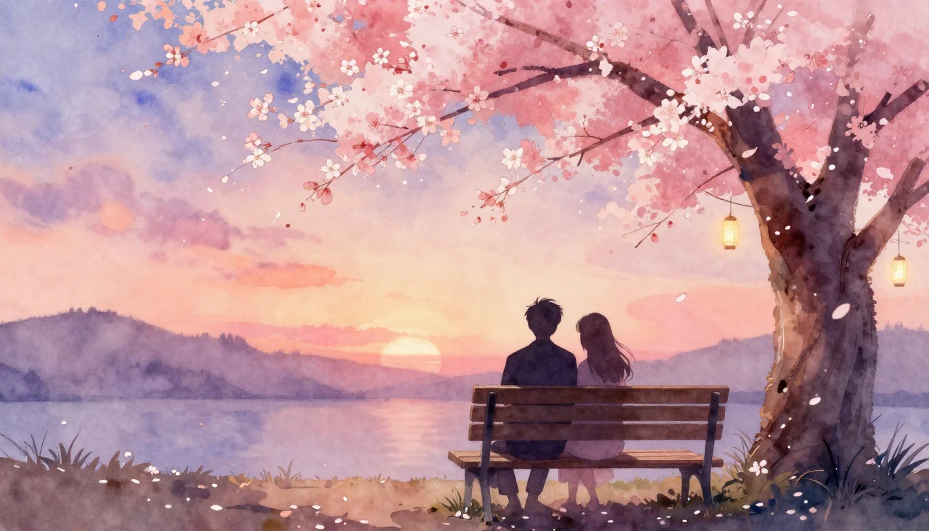 A soft watercolor painting of two silhouettes sitting closel...