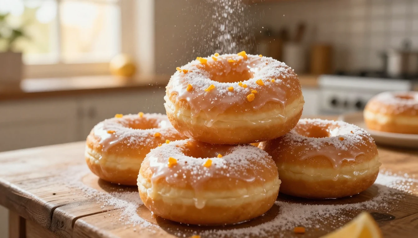 A high-detail, close-up shot of a stack of traditional donut...