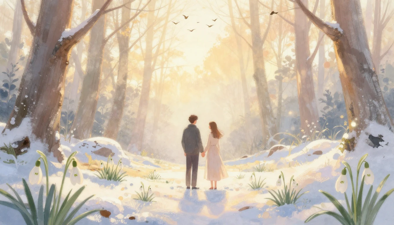 A romantic and ethereal scene depicting a couple holding han...