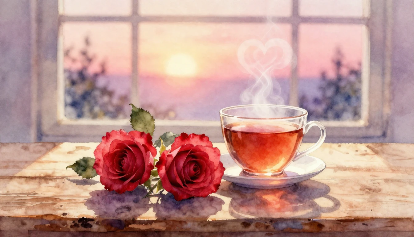 A soft watercolor painting depicting two delicate red roses ...