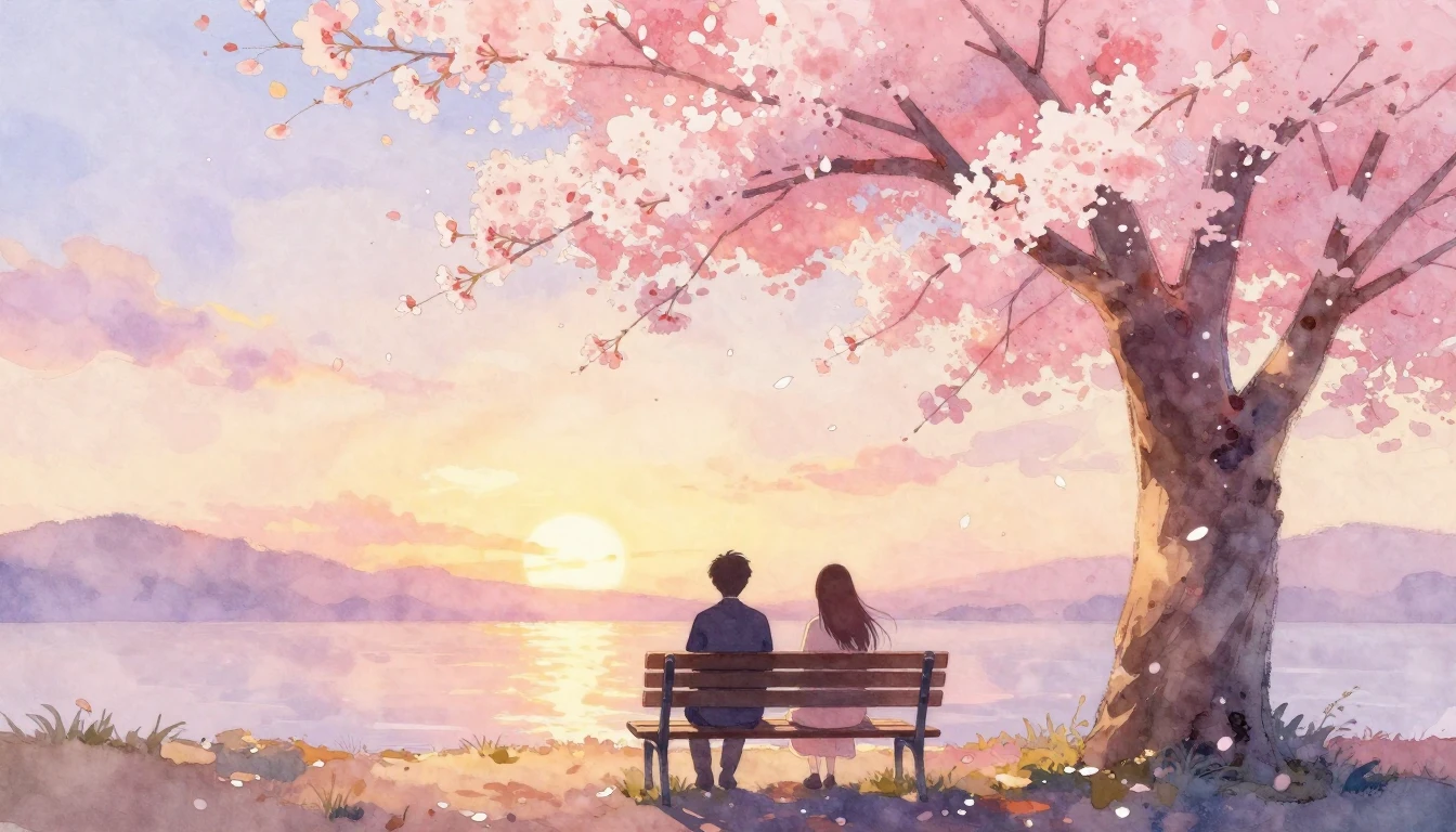 A dreamy watercolor painting of two silhouettes sitting on a...