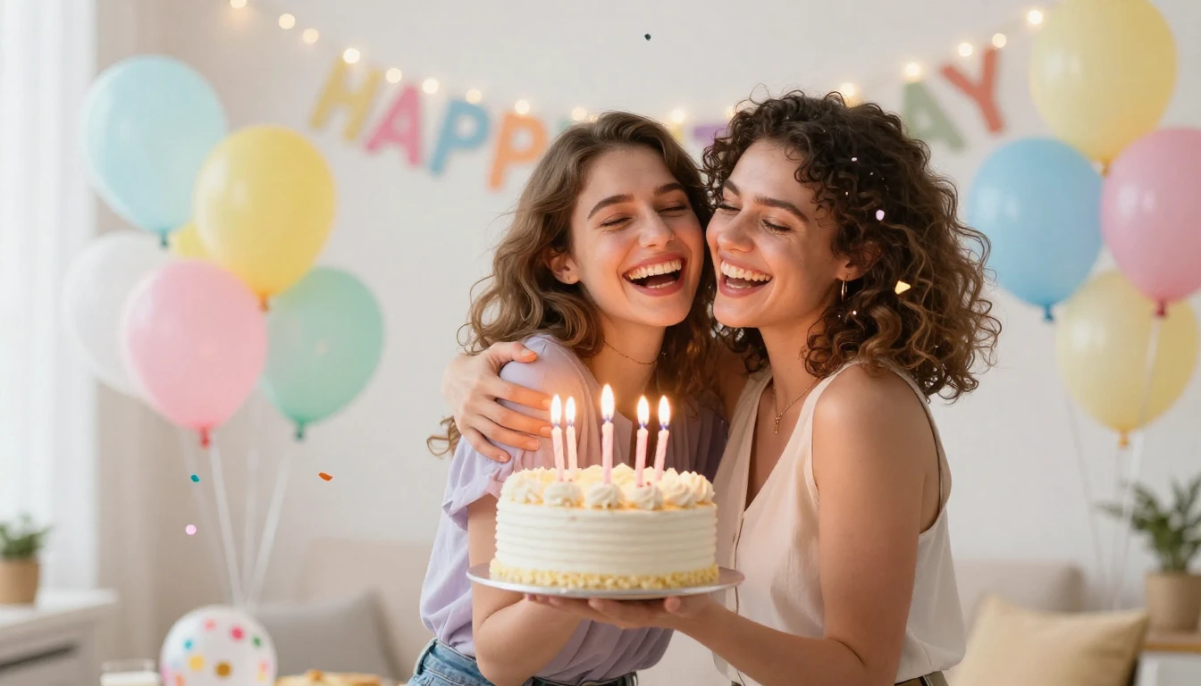 A vibrant and joyful scene of two young women laughing and h...