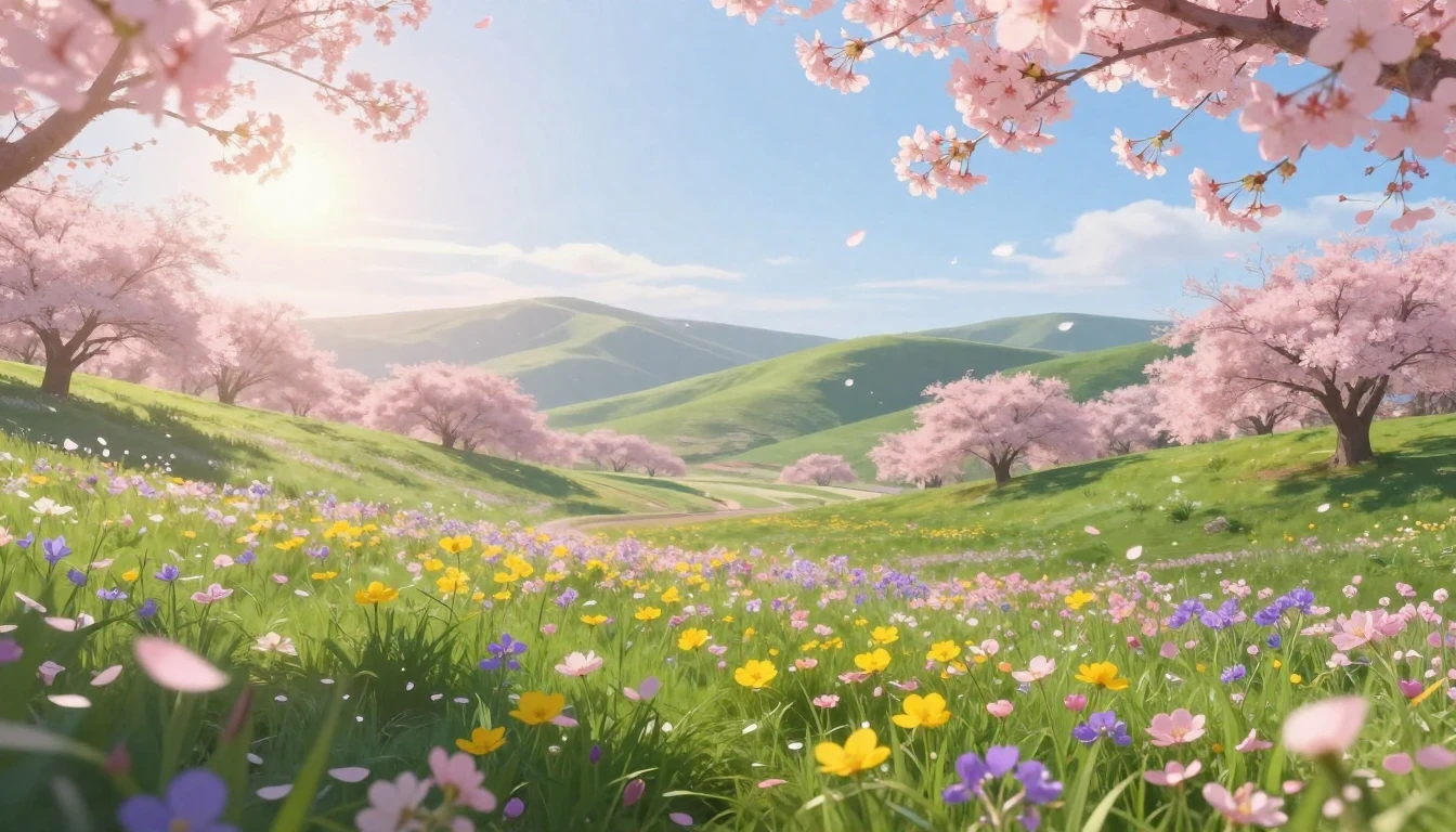 A breathtaking landscape in spring, featuring a lush green v...