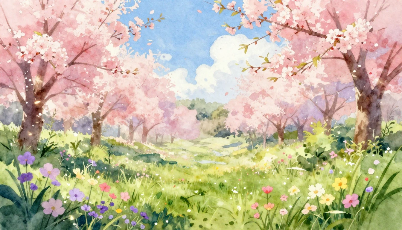 A vibrant watercolor painting of a lush spring meadow in ful...
