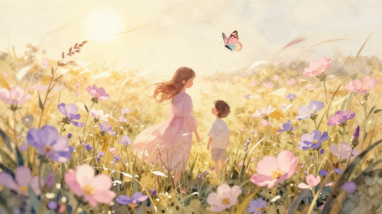 A soft watercolor painting depicting a sunlit field filled w...