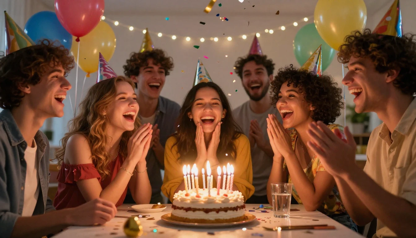 A joyful birthday celebration scene with a group of friends ...