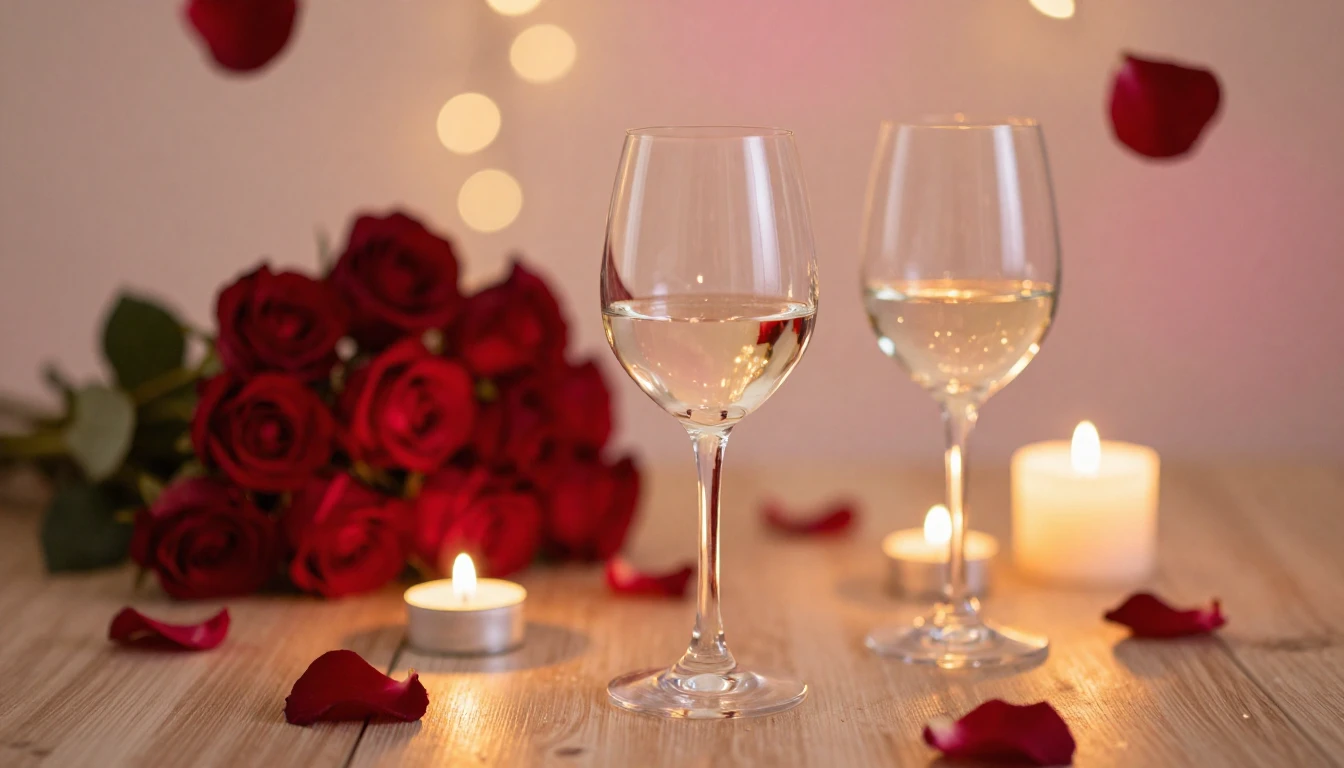 A romantic and dreamy scene featuring two elegant wine glass...
