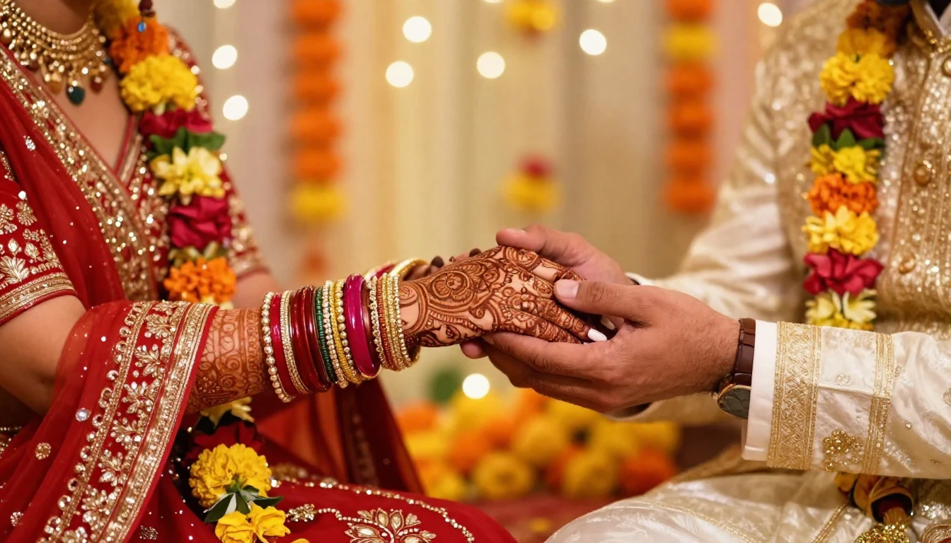 A vibrant digital artwork depicting a traditional Indian wed...