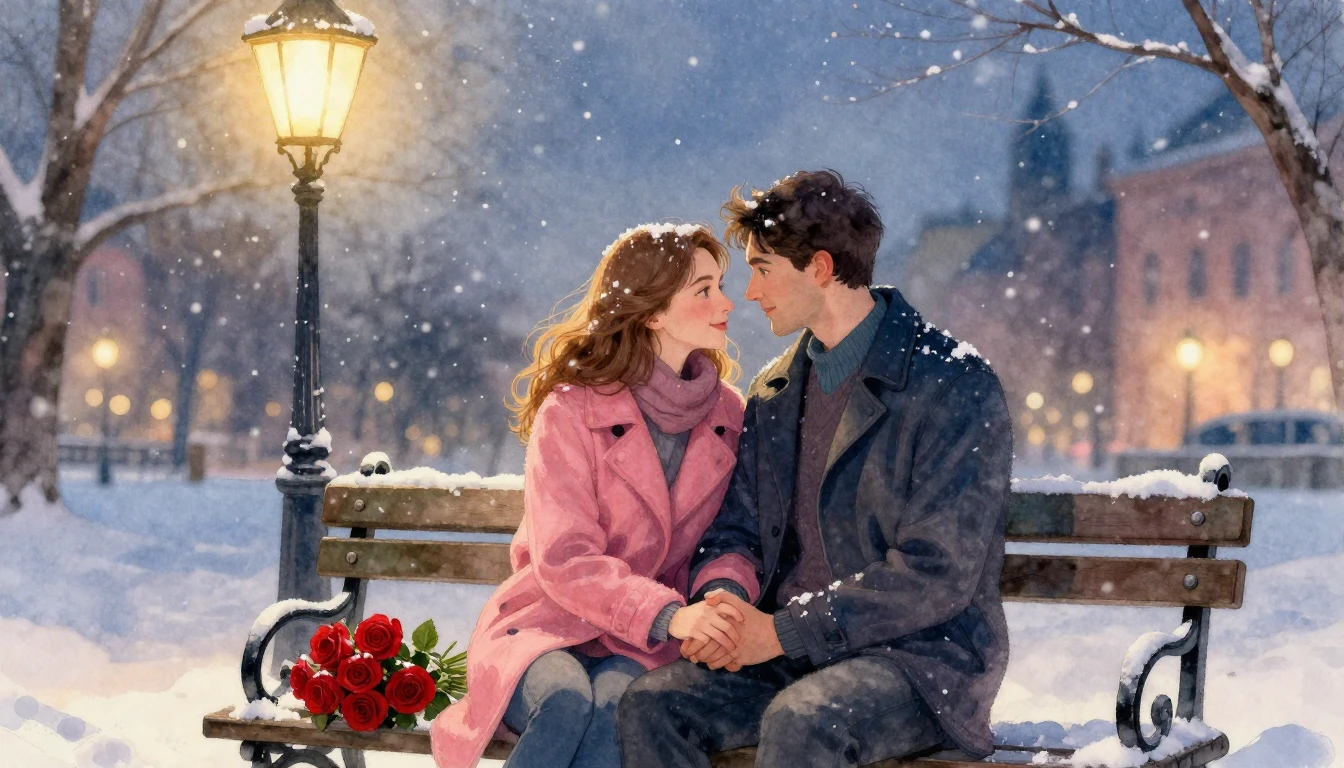 A romantic watercolor painting of a loving couple sitting on...