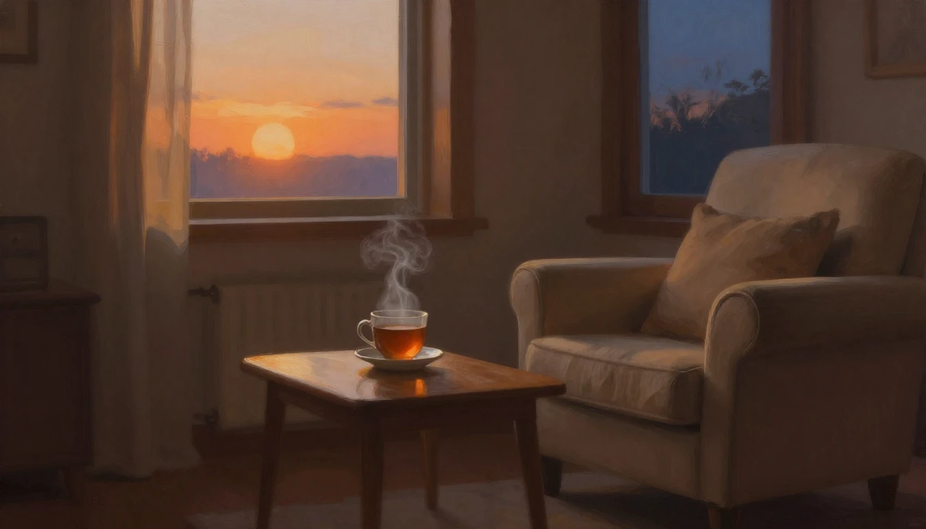 A cozy living room scene at dusk, captured with fluid brushs...