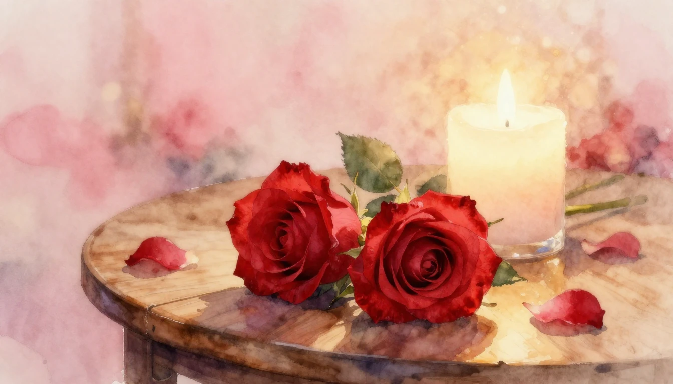 A delicate watercolor painting of two intertwined red roses ...