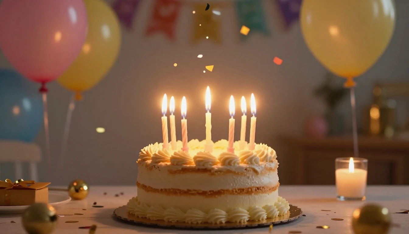 A festive birthday celebration scene, a beautifully decorate...