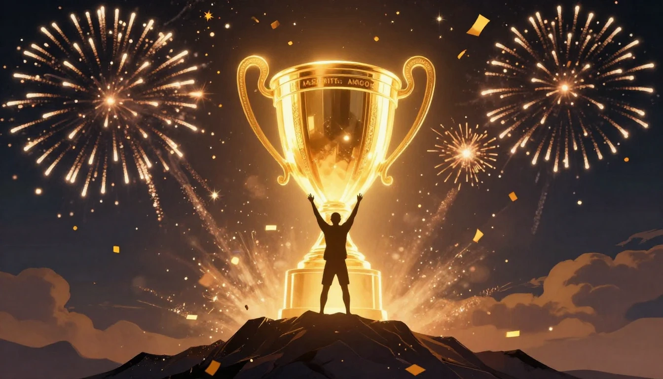 A glowing golden trophy surrounded by festive fireworks and ...