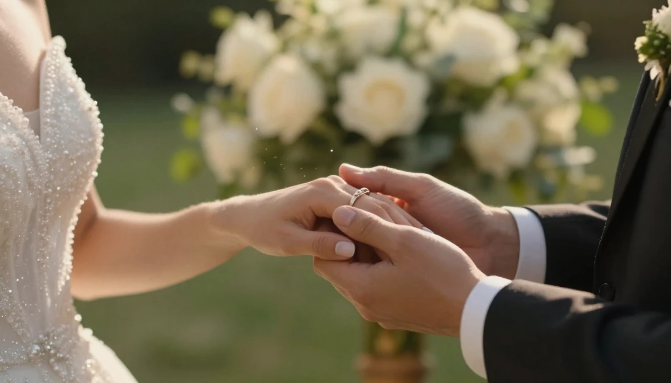 A cinematic close-up shot of a bride and groom holding hands...