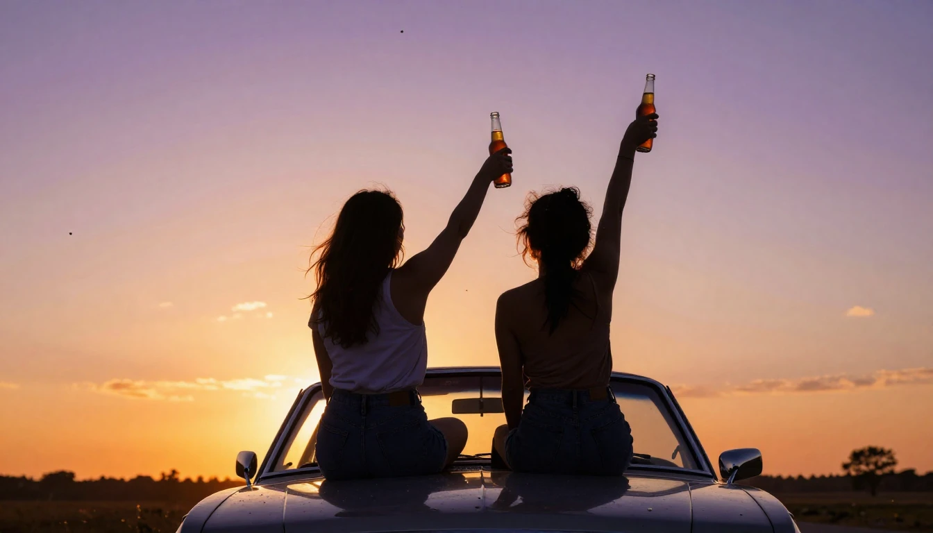 Two best friends sitting side by side on the hood of a vinta...