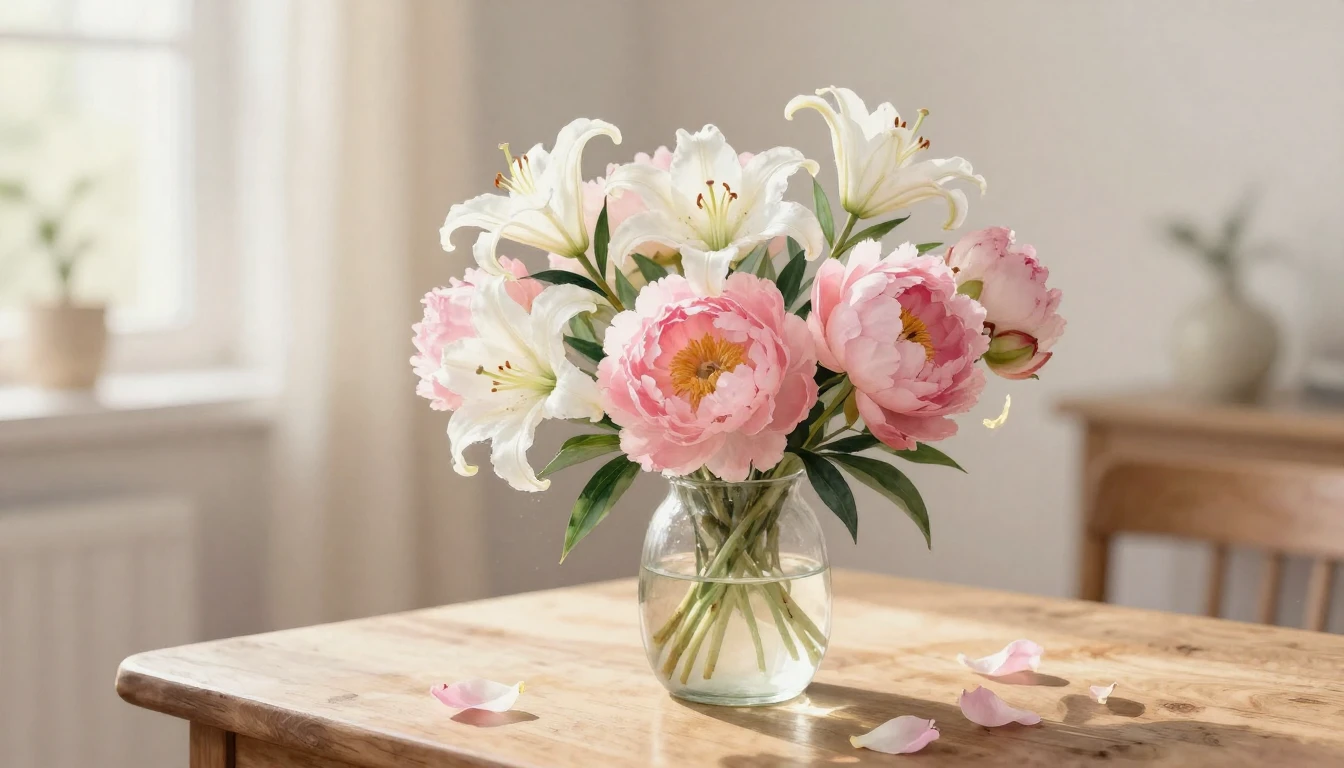 A delicate watercolor painting of a blooming bouquet of pink...