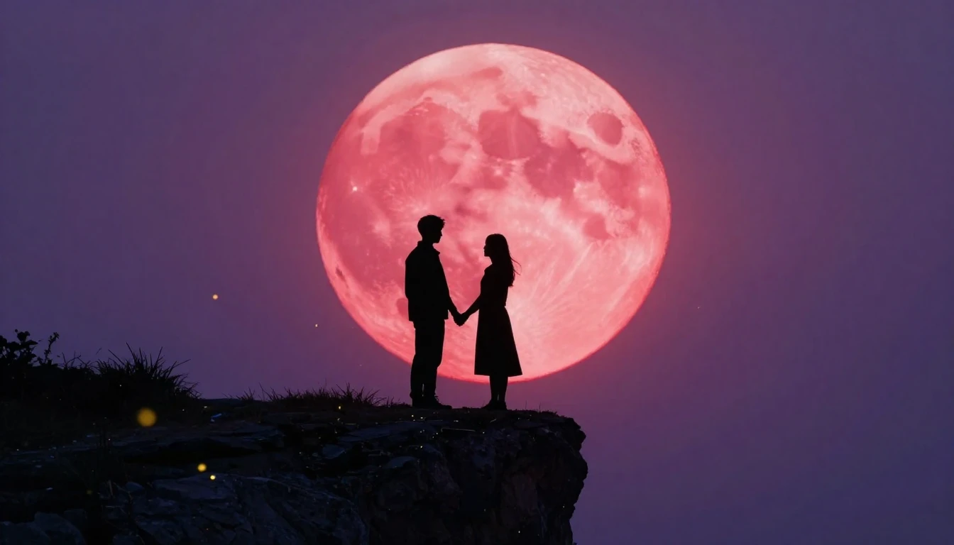 A romantic and atmospheric scene featuring two silhouettes s...