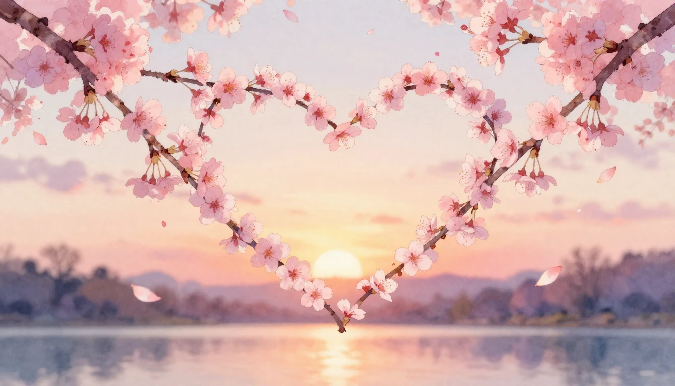 A delicate watercolor painting of two intertwined cherry blo...