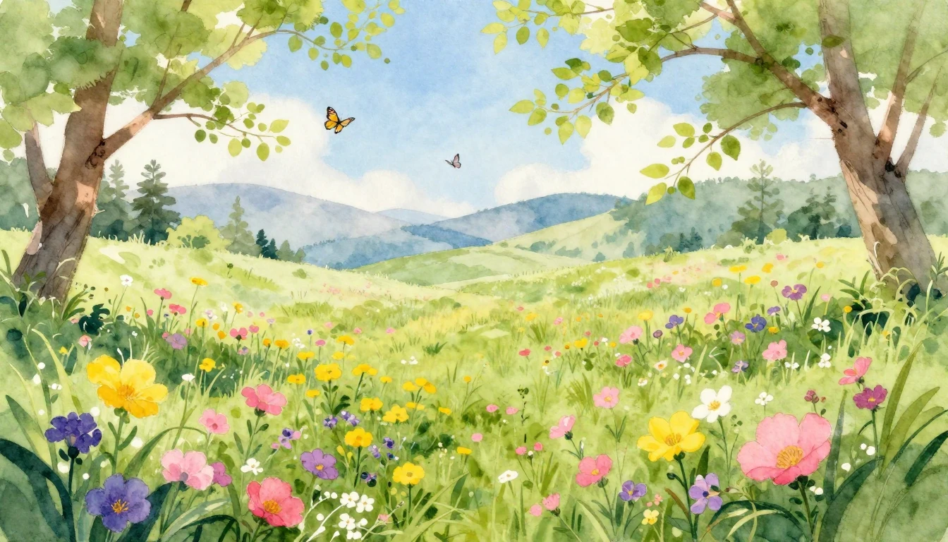 A vibrant watercolor painting of a lush meadow filled with b...